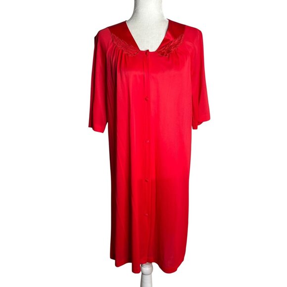 vassarette Other - Vintage 80s Vassarette Red Nylon Button-Front Robe Nightgown Embroidered Collar